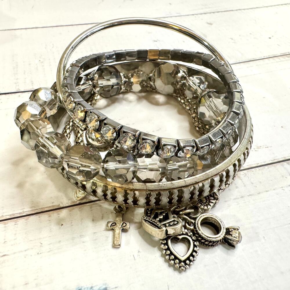 Silver Tone Bracelet Stack 5 pc Set Stretch Rhinestone Bangle Premier Designs